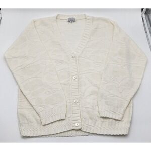 Vintage GFC LTD Womens Cream Textured Knit Cardigan Sweater Made in USA Small